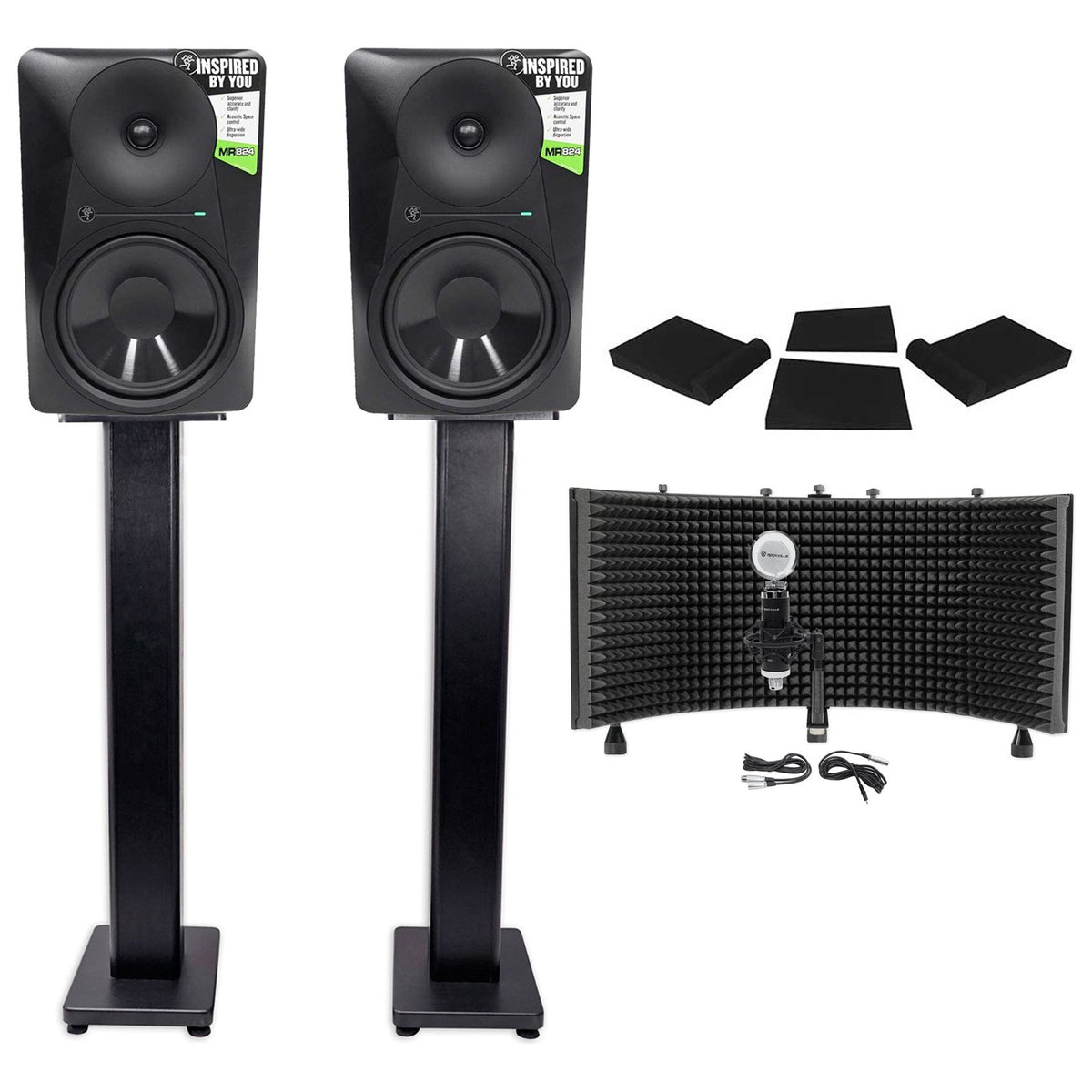 (2) MR824 8in Powered Studio Monitor Bundle with Mic, Stands & Isolation Shield