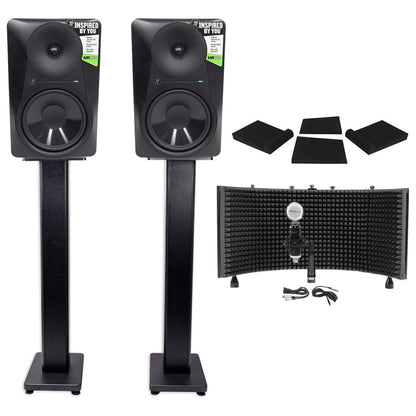 (2) MR824 8in Powered Studio Monitor Bundle with Mic, Stands & Isolation Shield