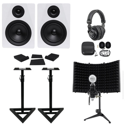 (2) DPM5W 5.25" 300W Studio Monitors + Stands + Headphones + Mic + Shield