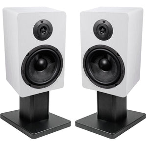 (2) Rockville RockShelf 64W White 6.5" Home Bookshelf Speakers+8" Speaker Stands