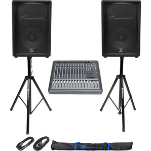 2) JBL Pro JRX212 12" 2000w PA/DJ Speakers+Powered 14-Channel Mixer w/USB+Stands