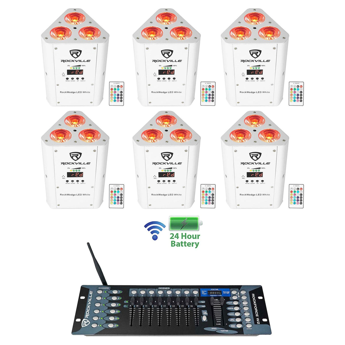 (6) RockWedge LED White Battery Powered Lights+Wireless DMX Controller