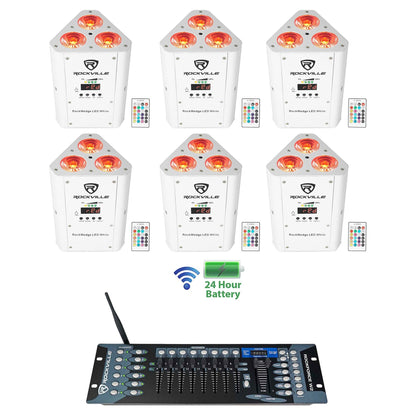(6) RockWedge LED White Battery Powered Lights+Wireless DMX Controller