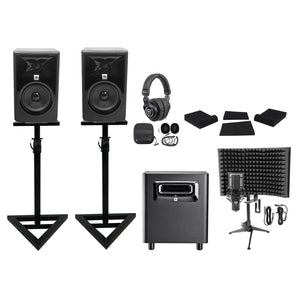 2 JBL 305P MkII 5" Active Studio Monitors+Stands+Subwoofer+Headphones+Mic+Shield