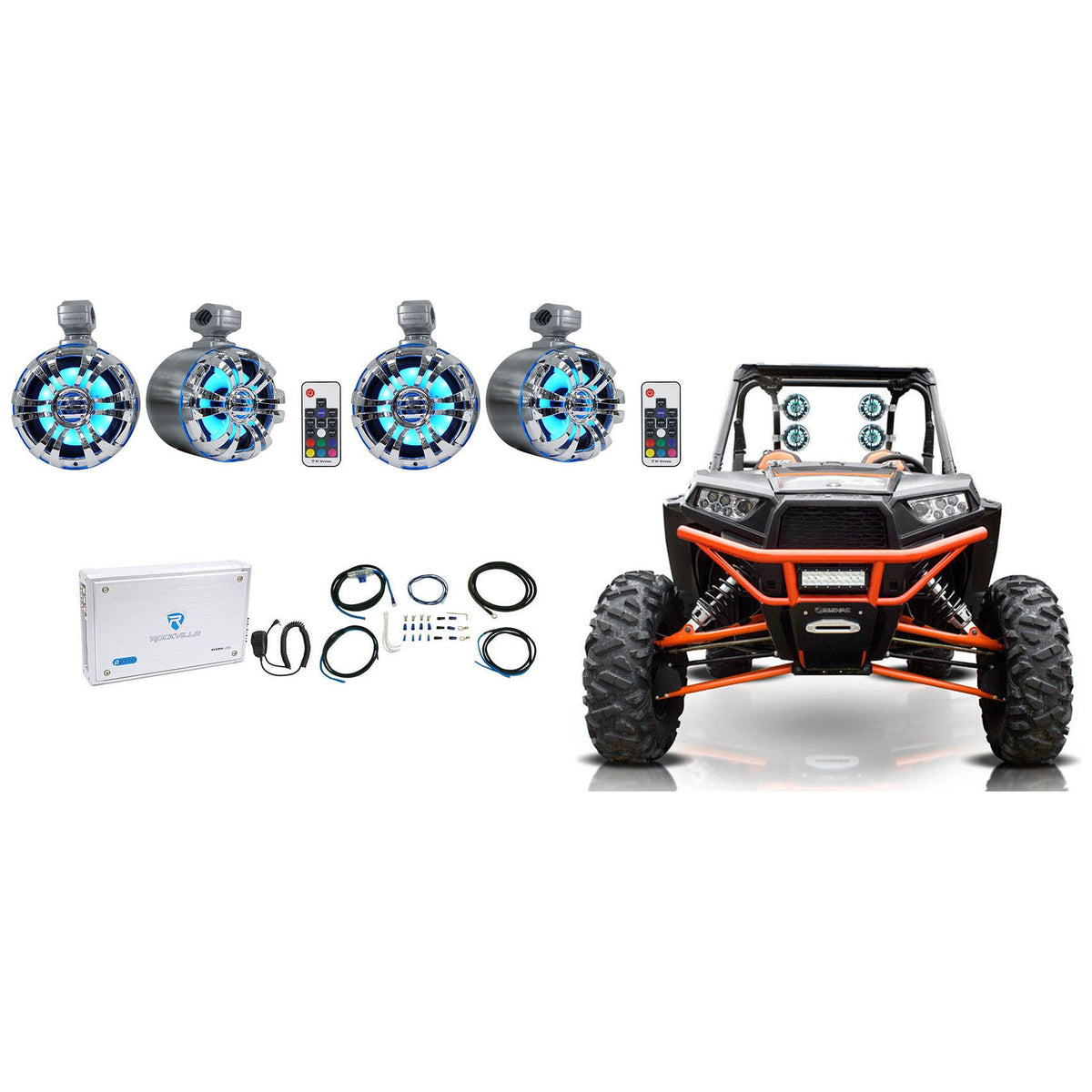 WB65KLS Silver 4-Pack + RXM‑S20 Amp + RWK8ATV OFC Wiring Kit Bundle