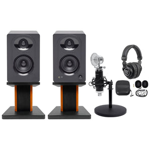 SAMSON Studio Monitors+Wood Stands+Recording Mic+Headphones 4 Podcast Podcasting