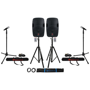 (2) Rockville BPA12 12" Pro Active 600w DJ PA Speaker w Bluetooth+Stands+Mics