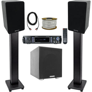 Rockville Bluetooth Receiver+(2) 5.25" Bookshelf Speakers+Stands+10" Subwoofer + Rockville R14GSBR100 Red/Blk 14 Gauge 100' Ft. Mini Spool Car Audio Speaker Wire