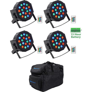 (4) Rockville BATTERY PAR 50 Rechargeable LED DMX DJ Wash Up-Lights+Remotes+Bag