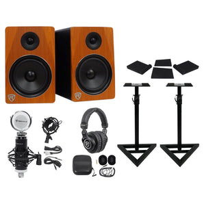 2) Rockville APM8C 8" 500w Powered Studio Monitors+Stands+Pads+Headphones+Mic