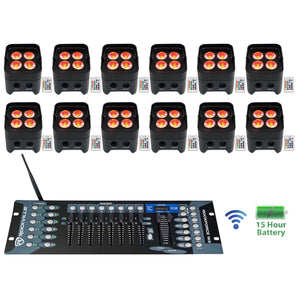 (12) Rockville BEST PAR 50 Battery Up Lights Wireless DMX+Controller+RGBWA+UV