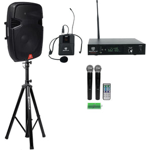 Rockville RAM15BT 15"Bluetooth Rechargeable 800W PA Speaker+Headset+2 Mics+Stand