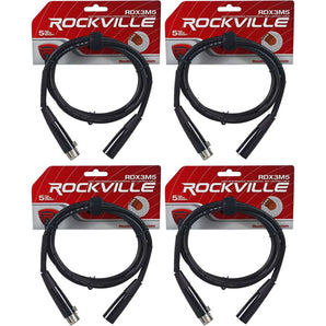 (4) Rockville RDX3M5 5 Foot 3 Pin DMX Lighting Cables 100% Copper Female to Male