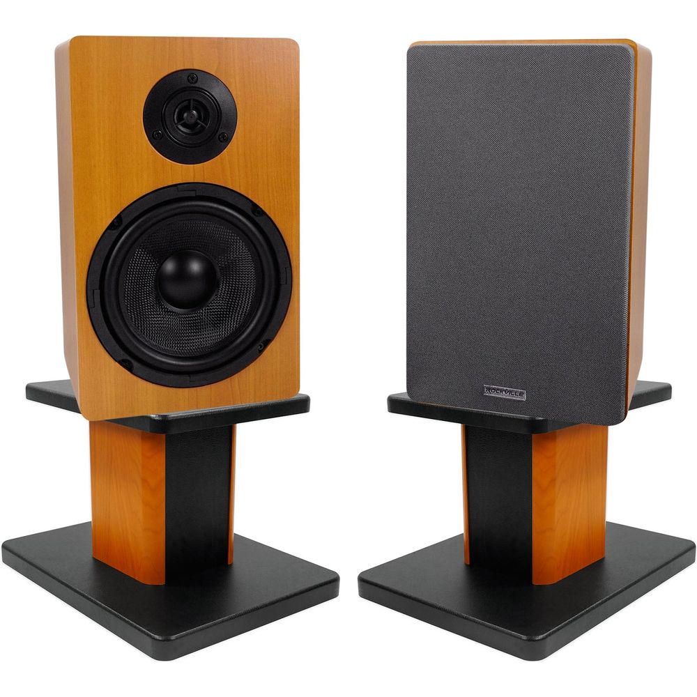 RockShelf 68C Wood 6.5" Home Bookshelf Speakers+8" Wood Stands