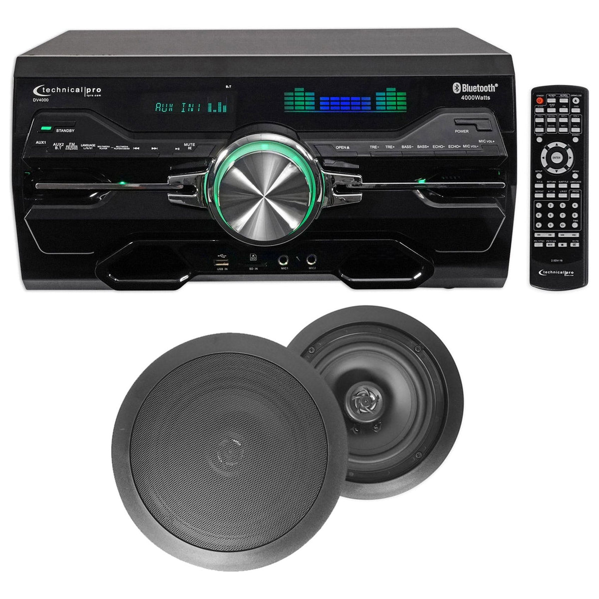 4000W Bluetooth DVD Receiver with (1) Pair 8" Black In-Ceiling Speakers