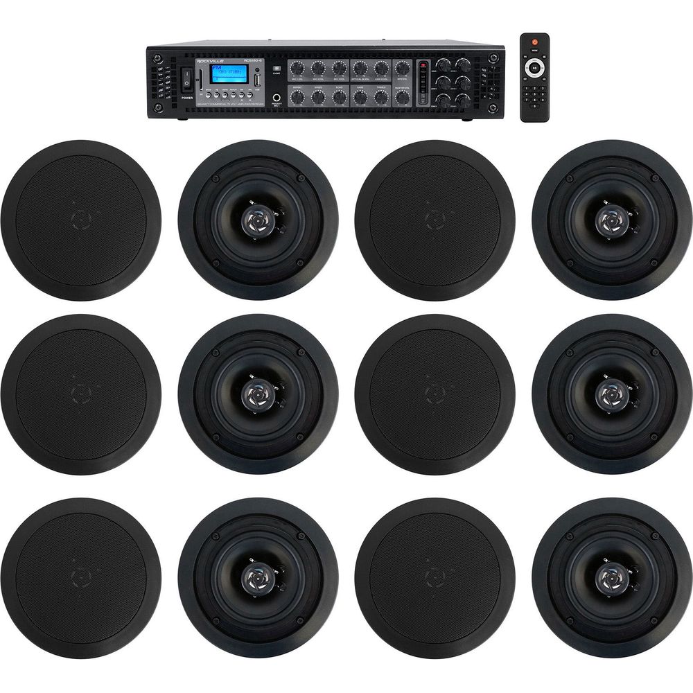 6-Zone 70v Amplifier+(12) 5.25" Black 2Way Restaurant Ceiling Speakers