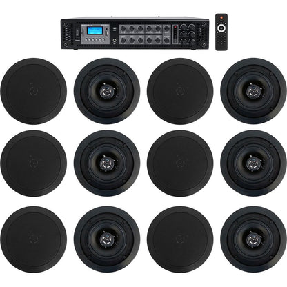 6-Zone 70v Amplifier+(12) 5.25" Black 2Way Restaurant Ceiling Speakers