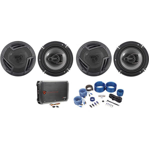 (4) Rockville RV6.3A 6.5" 1500w 3-Way Car Speakers+4-Channel Amplifier+Amp Kit