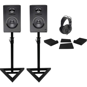 Pair Samson M50 5" Powered Studio Monitors Speakers+Stands+Pads+Headphones