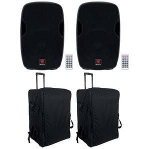 2) Rockville BPA15 15" Powered Bluetooth 800w DJ PA Speakers+Rolling Travel Bags