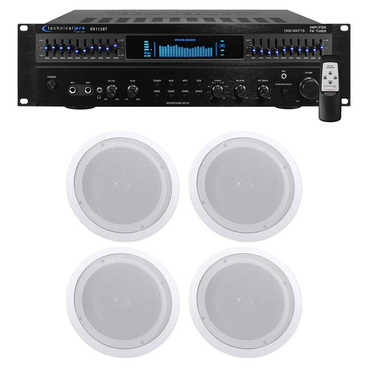 RX113 1500w Home Theater Amplifier Receiver + (4) 8" Ceiling Speakers