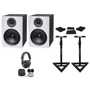 2) Rockville DPM6W 6.5 inch 420w Dual Powered Studio Monitors+Stands+Pads and Headphones