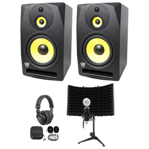 (2) Rockville DPM10B 10" 800w Active 3-Way Studio Monitors+Headphones+Mic and Shield