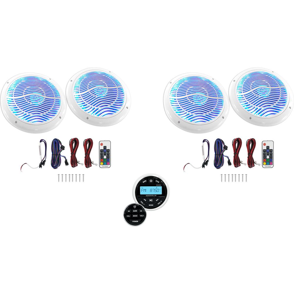 RGHR2 Hot Tub Bluetooth Receiver + (4) RMC65LW 6.5" White LED Marine Speakers