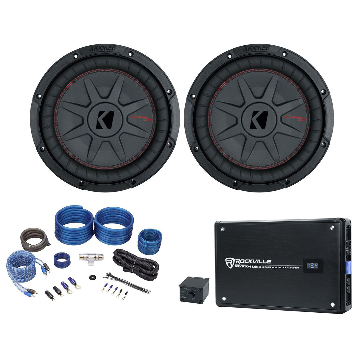 2) 48CWRT104 10" 1600W Slim Shallow Car Subwoofers+Mono Amplifier+Amp Kit