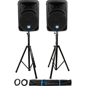 (2) Rockville RPG12BT 12" 1600w Powered BlueTooth/USB DJ Speakers+Stands+Cables