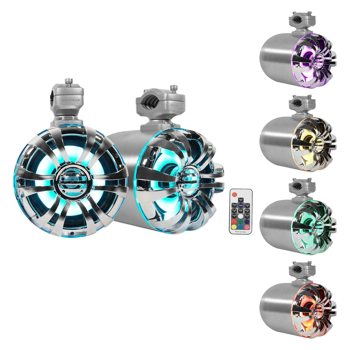 (4) WB65KLED 6.5" LED Marine Wakeboard Swivel Tower Speakers+Receiver