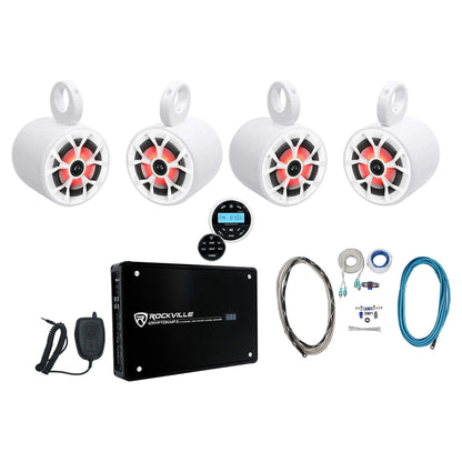(4) RKL65MBW 6.5" Marine Wakeboard LED Speakers+White Pods+Amp+Receiver