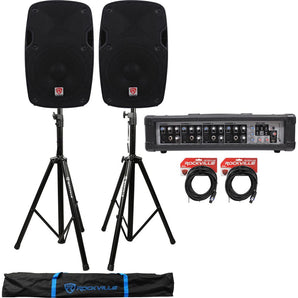 2) Rockville SPG88 8" 400w DJ PA Speakers 8-Ohm+Powered 4-Ch Mixer+Stands+Cables