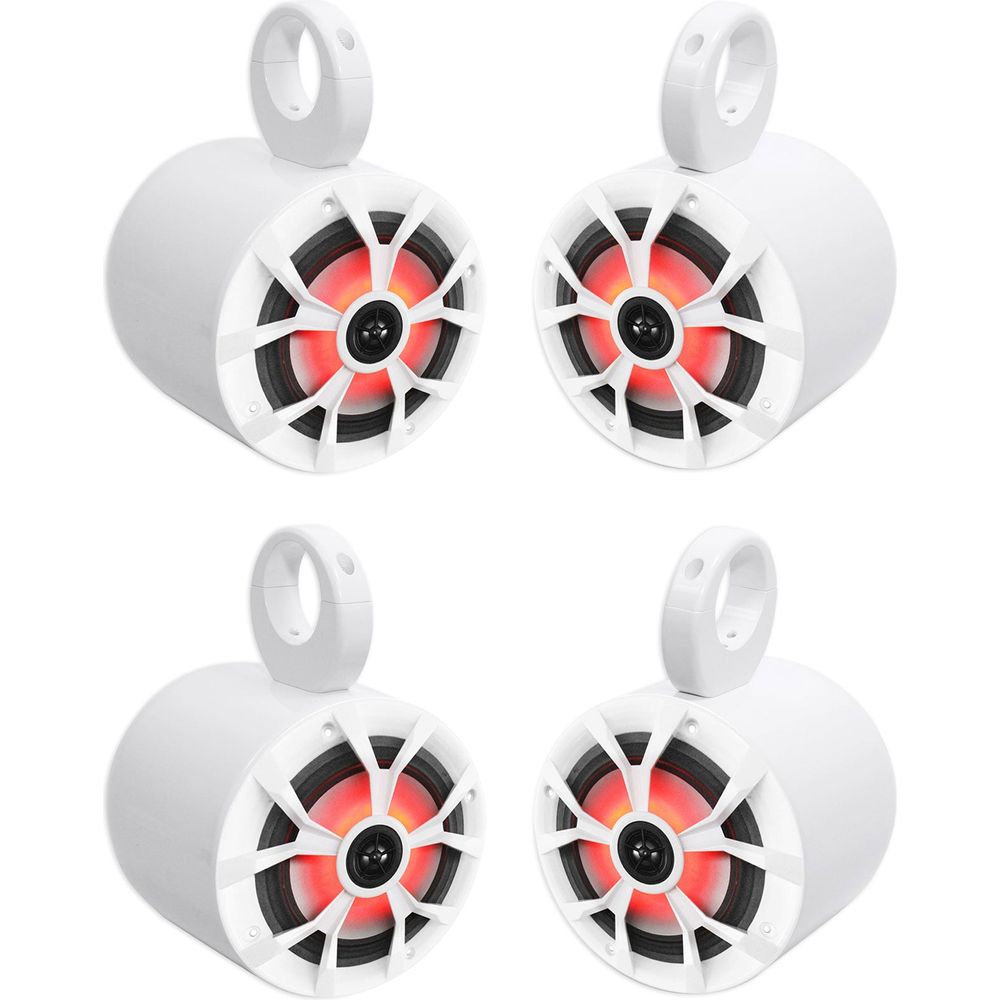 (4) RKL65MBW 6.5" 700W Marine Wakeboard LED Speakers+(4) White Pods