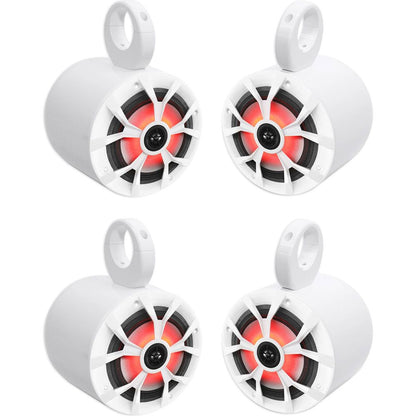 (4) RKL65MBW 6.5" 700W Marine Wakeboard LED Speakers+(4) White Pods