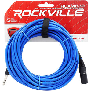 Rockville RCXMB30BL 30' Male REAN XLR to 1/4'' TRS Cable Blue 100% Copper