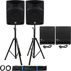 (2) Rockville RPG10 10" Powered 600W DJ PA Speakers+(2) Subs+Stands+Cables+Bag