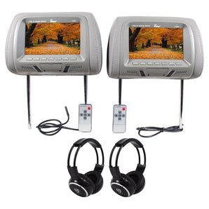 Tview Pair of T726PL-GR 7" Grey LCD Car Headrest Monitors + 2 Wireless Headsets