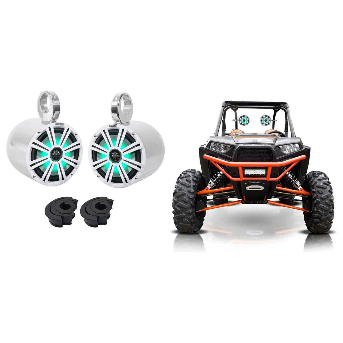 KM8 8" 600W LED Tower Speakers for Polaris RZR, Polished Silver