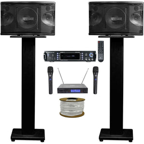 Pair Rockville KPS80 8" Karaoke/Pro Speakers+Bluetooth Amp+Stands+Wireless Mics + Rockville R14GSBR100 Red/Blk 14 Gauge 100' Ft. Mini Spool Car Audio Speaker Wire