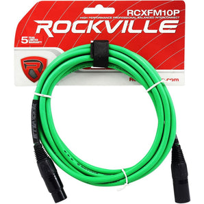 Rockville RCXFM10P-G Green 10' Female to Male REAN XLR Mic/Speaker Cable