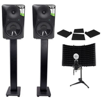 (2) MR824 8in Powered Studio Monitor Bundle with Mic, Stands & Compact Isolation Shield