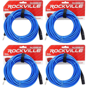 4 Rockville RCXMB30-BL Blue 30' Male REAN XLR to 1/4'' TRS Balanced Cables