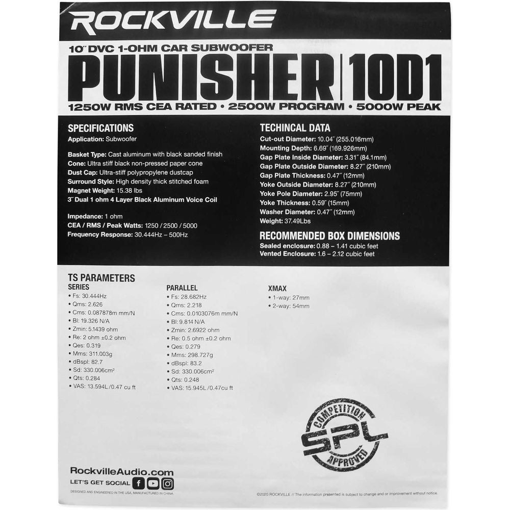 (2) Punisher 10D1 10" 5000W Competition Subwoofers + Mono Amplifier + Wires