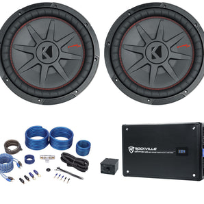 2 Kicker 48CWRT124 COMPRT12 2000W 12" Slim Car Subwoofers+Mono Amplifier+Amp Kit