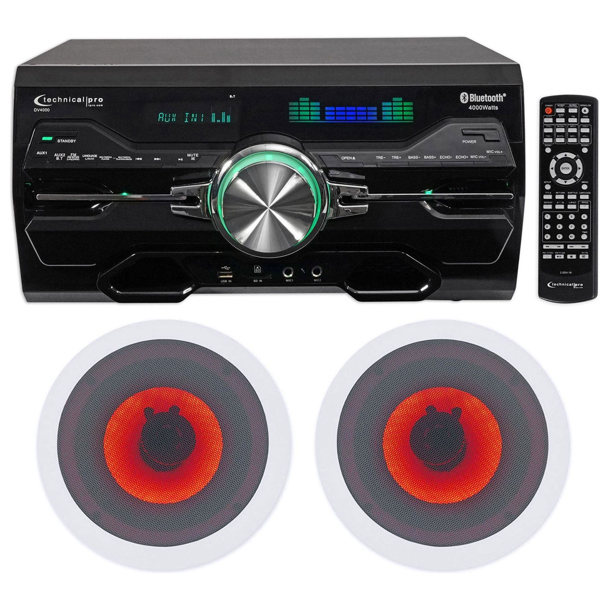 4000W Bluetooth DVD Receiver with (1) Pair 6.5" Red LED In-Ceiling Speakers