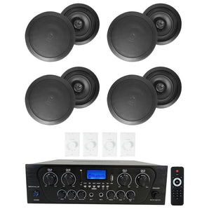 Rockville 4-Room Home Audio Kit Stereo+8 Black 8" Ceiling Speakers+Wall Controls