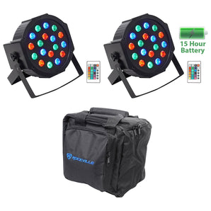 (2) Rockville BATTERY PAR 50 Rechargeable LED DMX DJ Wash Up-Lights+Remotes+Bag