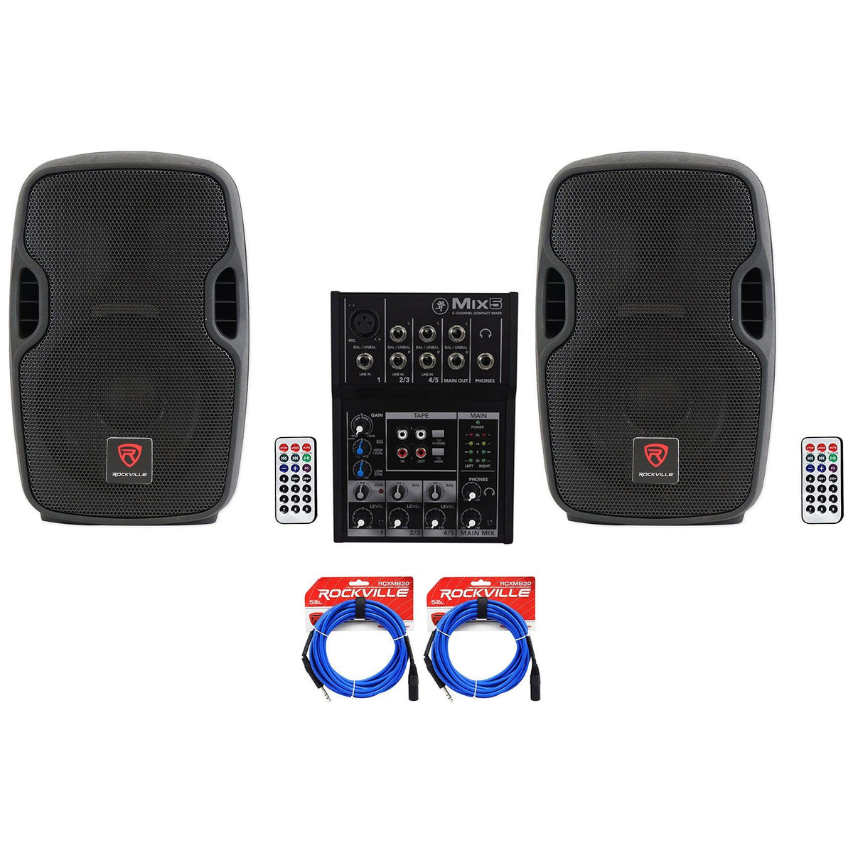(2) BPA8 300 Watt 8" Powered Speakers+Mackie 5-Channel Mixer+Cables