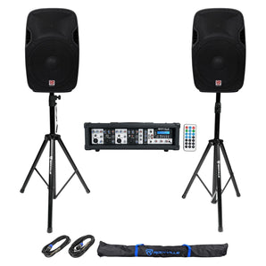 (2) Rockville SPGN154 15" 1600W DJ PA Speakers+Powered 4-Ch. Mixer+Stands+Cables